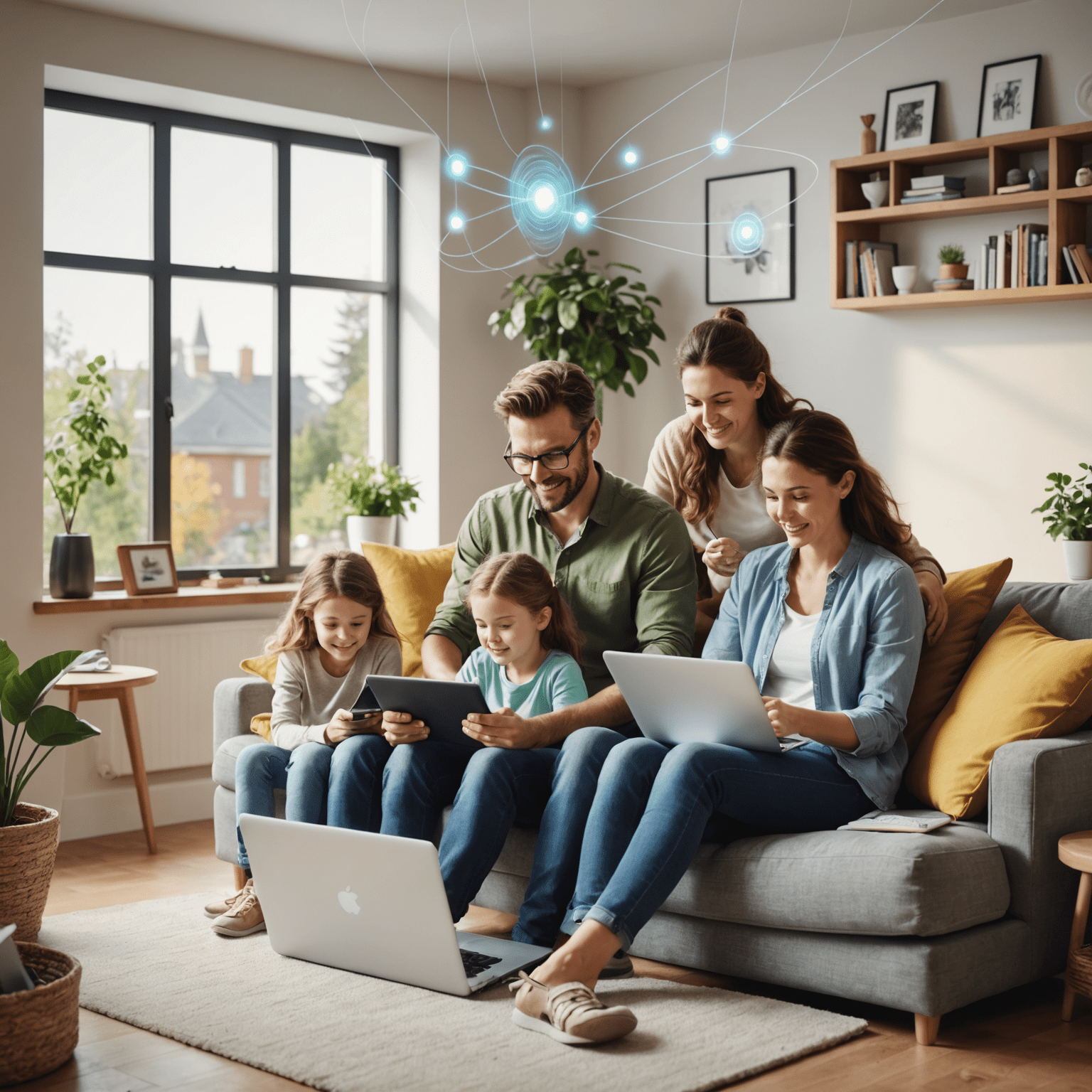 Illustration of a family enjoying high-speed home internet, with devices like laptops, tablets, and smartphones connected to the network