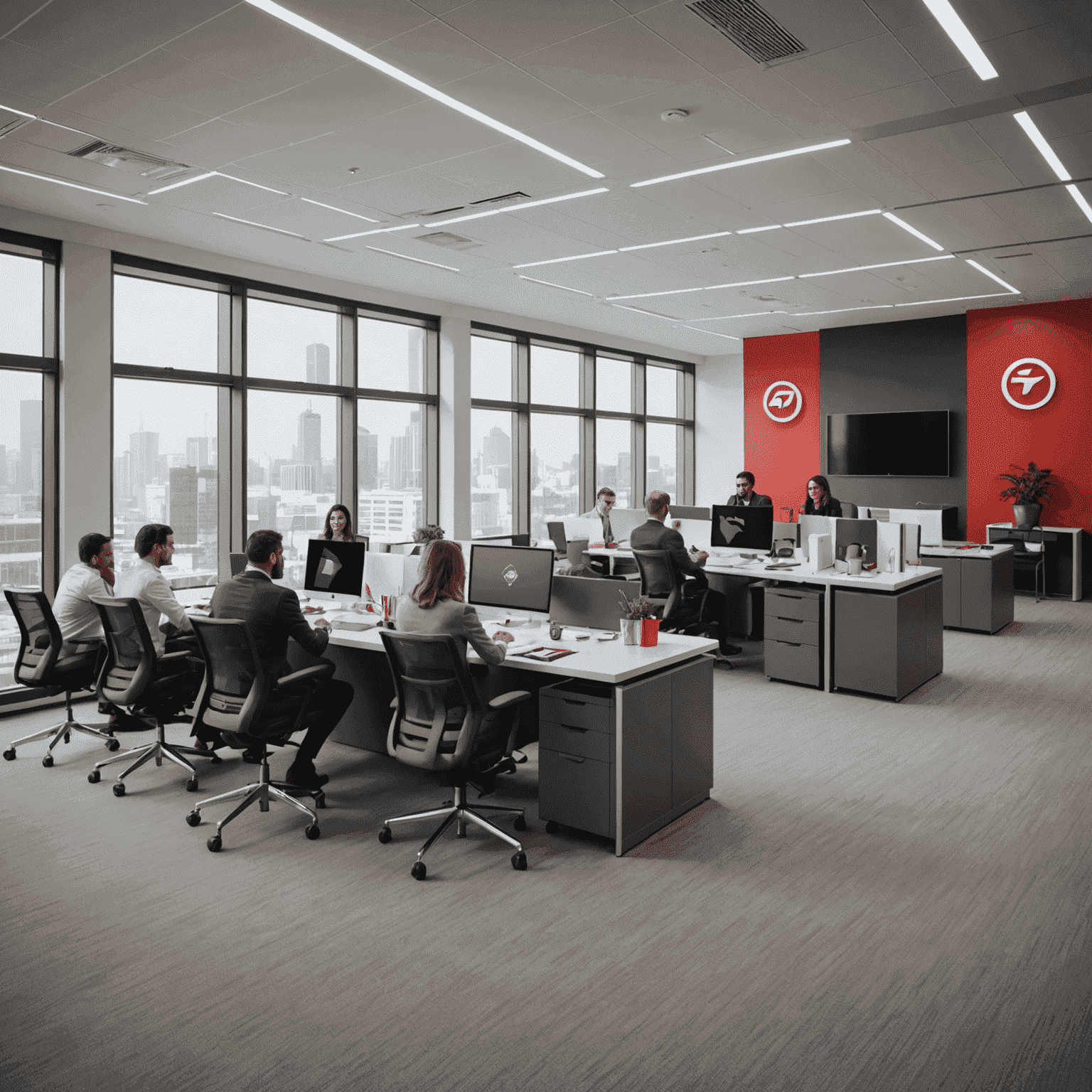 A team of professionals collaborating in a modern office setting, utilizing Batelco's mobile and internet solutions to enhance their productivity and streamline communication.