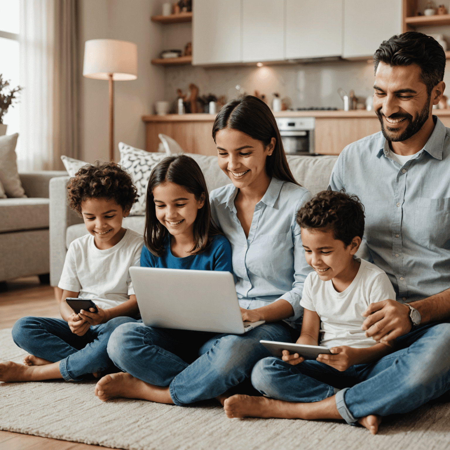 A family enjoying high-speed internet at home, showcasing Batelco's reliable and affordable home internet plans