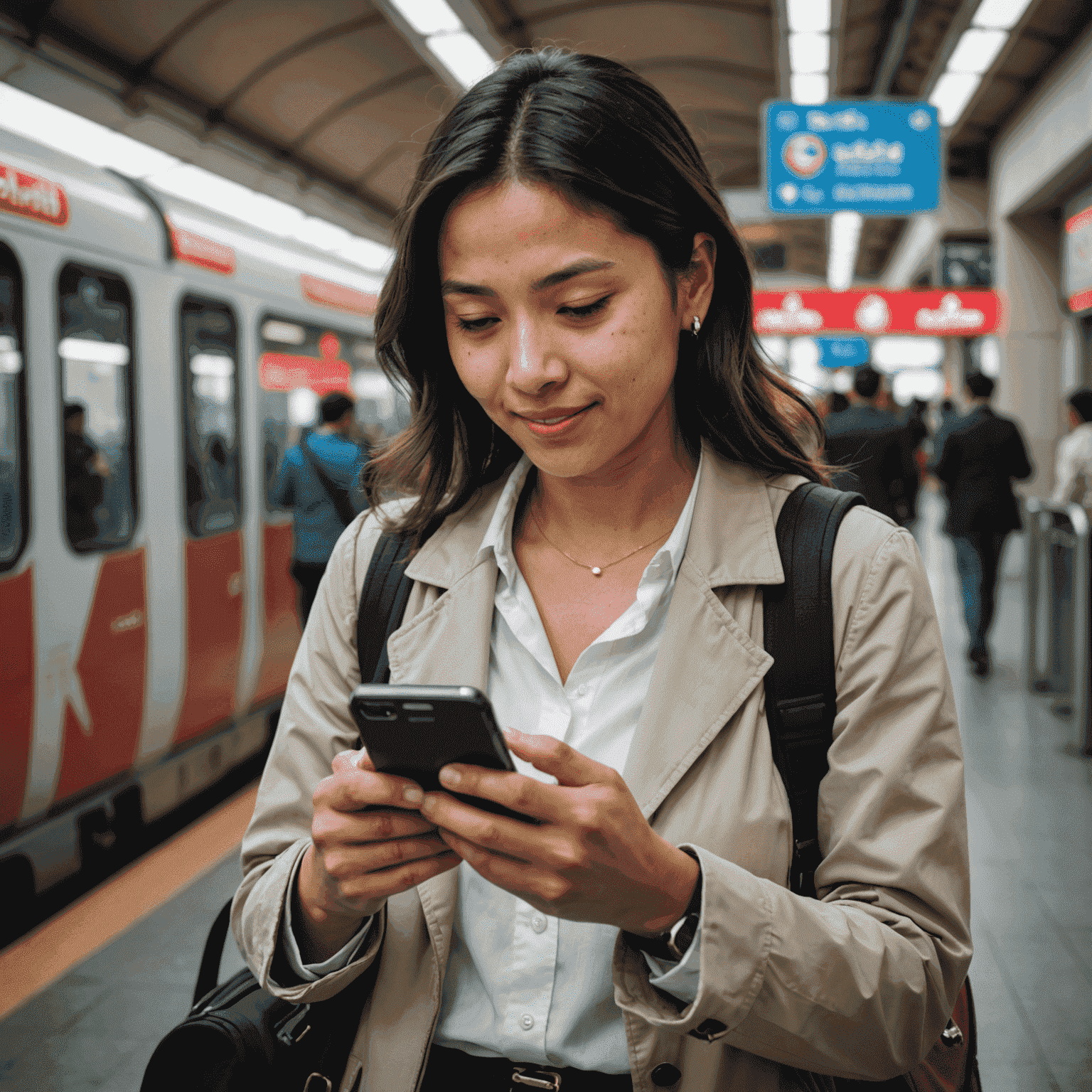 A person using a smartphone while traveling, illustrating Batelco's extensive global roaming services